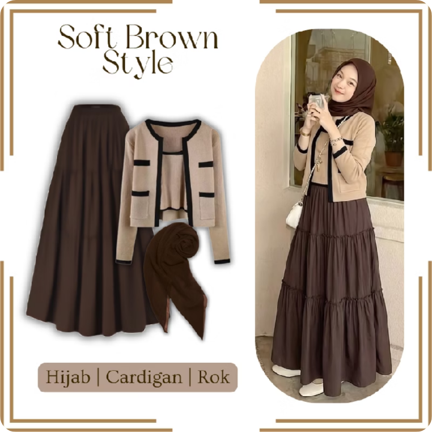 Setelan Wanita - One Set Outfit Hijab Casual Cardigan Rajut Rok Susun Kekinian